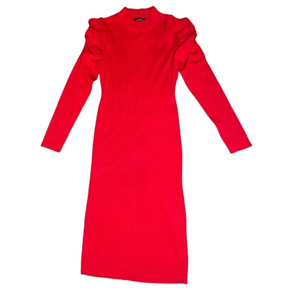 Almost Famous Sirencore Red Puff Shoulder Ribbed Midi Sweater Dress 1X